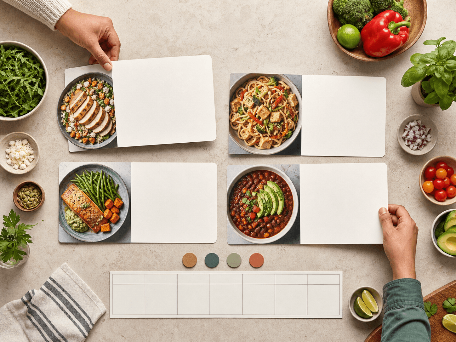 Recipe cards being arranged into a short prep plan