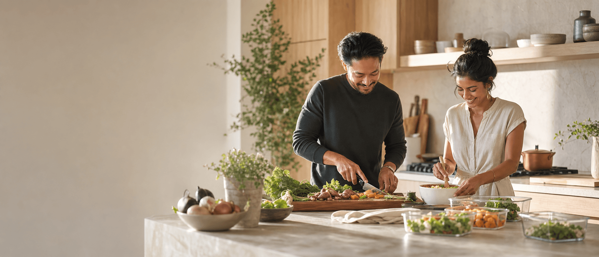 Two people cooking together at a kitchen counter